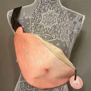 Funny man-belly fanny pack!  Great gag gift!  Large and adjustable.